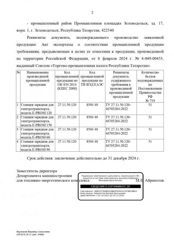 ЗАКЛЮЧЕНИЕ о подтверждении производства промышленной продукции на территории Российской Федерации